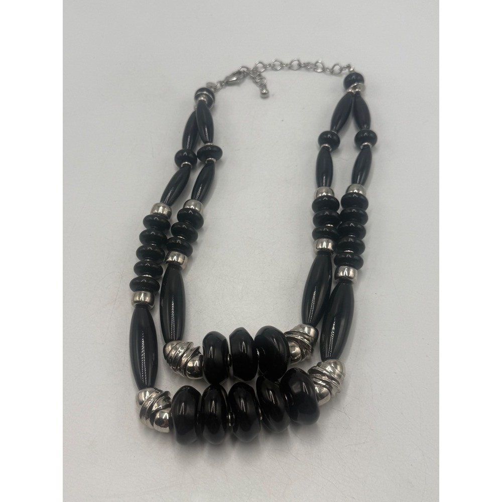 Chicos Double Strand Black Bead Necklace Silver Tone Chunky Statement Jewelry